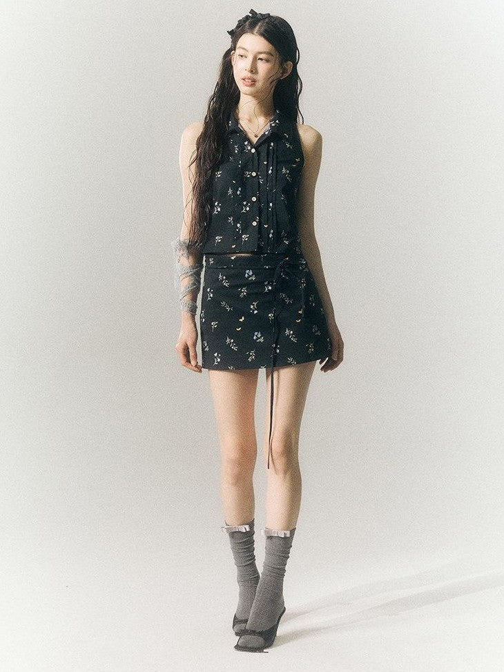 SereneEase Black Floral Buttoned Collared Slim Fit Short Sleeve Women's Matching Skirt Sets