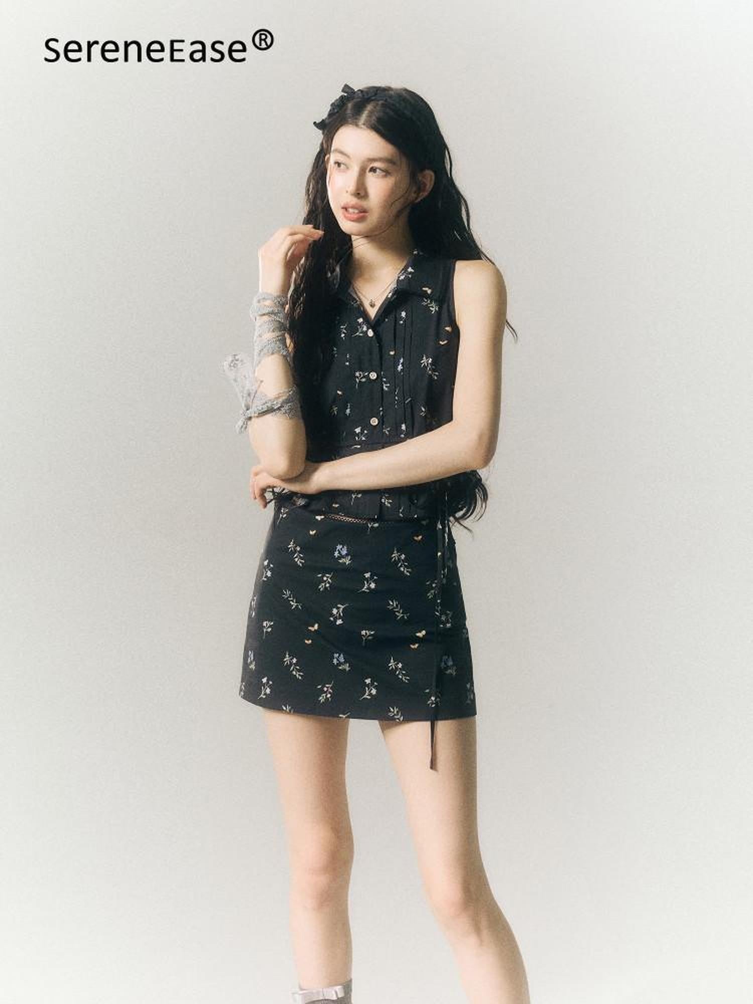 SereneEase Black Floral Buttoned Collared Slim Fit Short Sleeve Women's Matching Skirt Sets