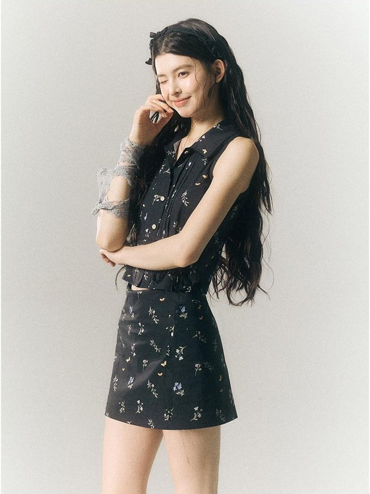 SereneEase Black Floral Buttoned Collared Slim Fit Short Sleeve Women's Matching Skirt Sets