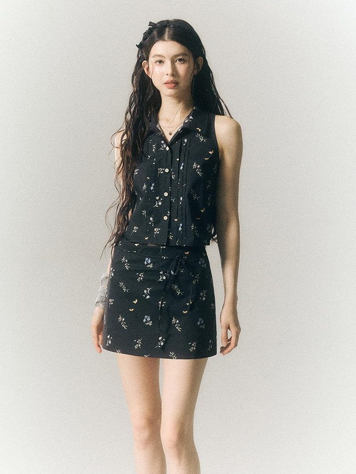 SereneEase Black Floral Buttoned Collared Slim Fit Short Sleeve Women's Matching Skirt Sets