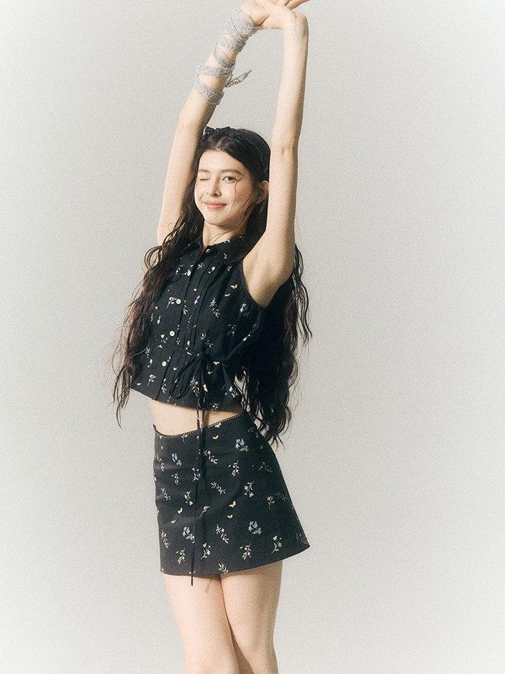 SereneEase Black Floral Buttoned Collared Slim Fit Short Sleeve Women's Matching Skirt Sets