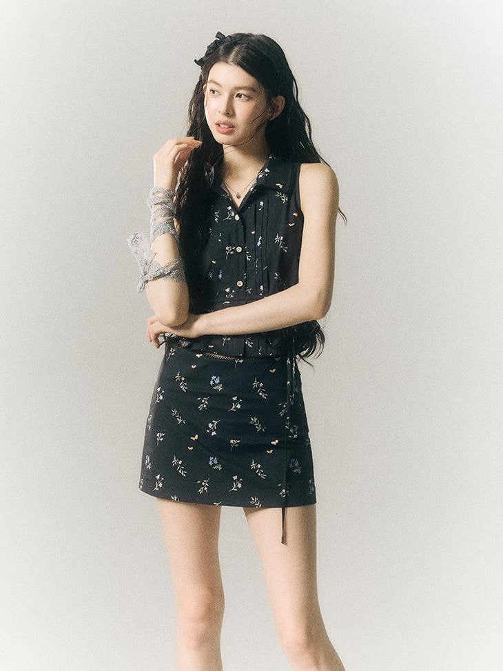 SereneEase Black Floral Buttoned Collared Slim Fit Short Sleeve Women's Matching Skirt Sets