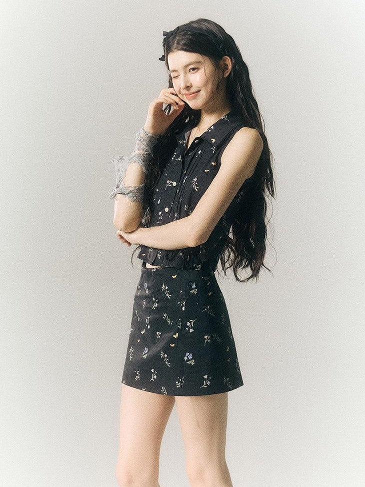 SereneEase Black Floral Buttoned Collared Slim Fit Short Sleeve Women's Matching Skirt Sets
