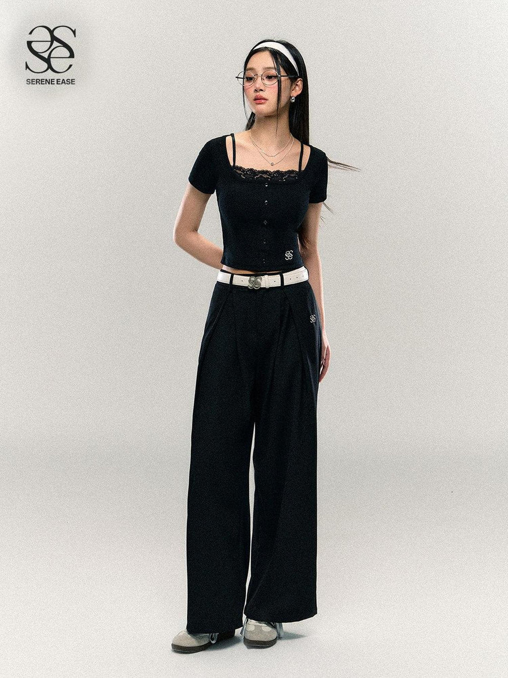 SereneEase Black Lace Splice U Neck Faux Two Piece Women's Viscose Blend Crop Tops