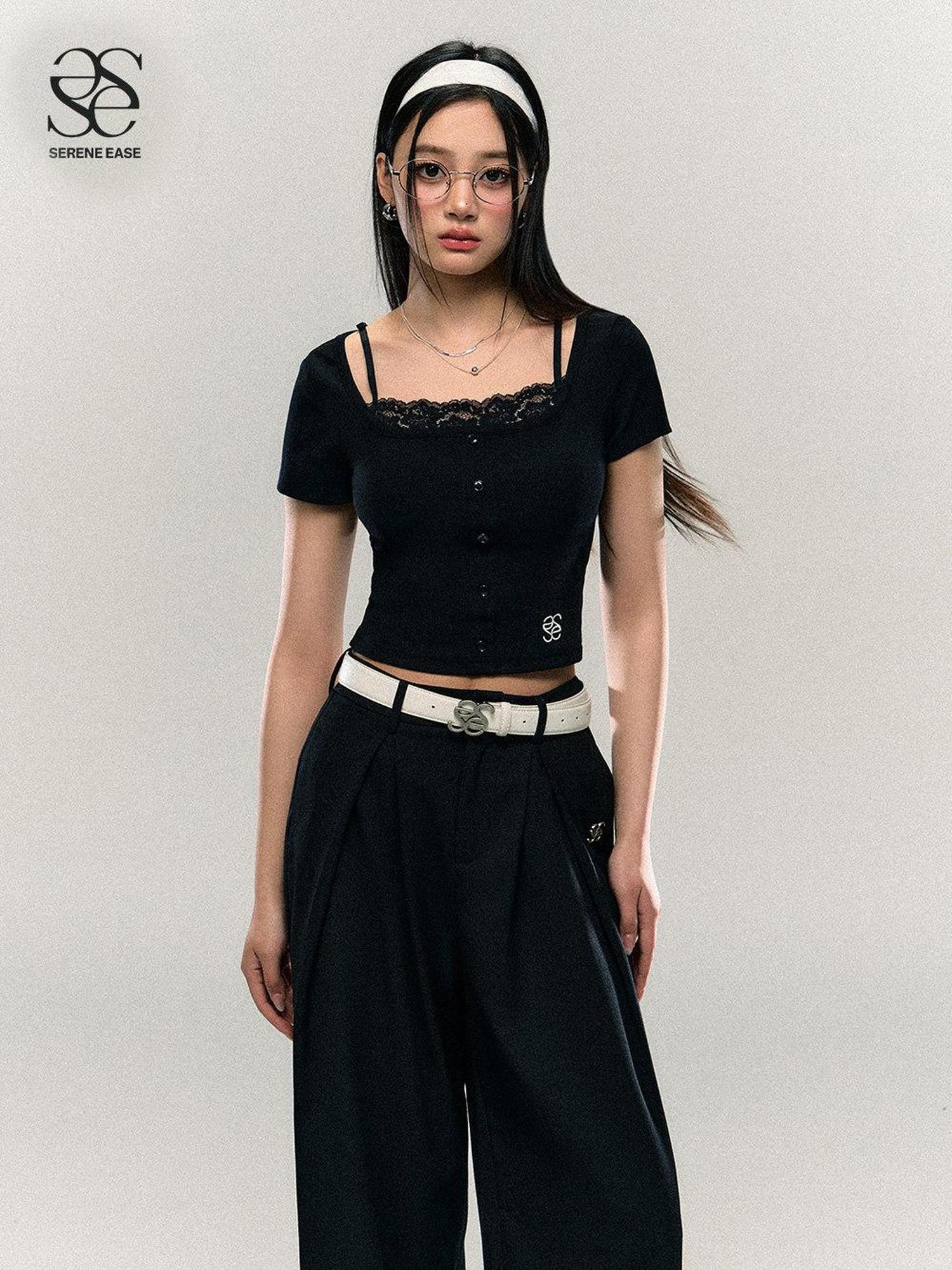 SereneEase Black Lace Splice U Neck Faux Two Piece Women's Viscose Blend Crop Tops