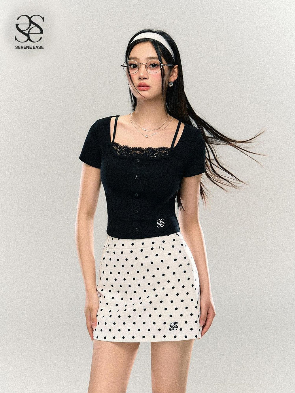 SereneEase Black Lace Splice U Neck Faux Two Piece Women's Viscose Blend Crop Tops
