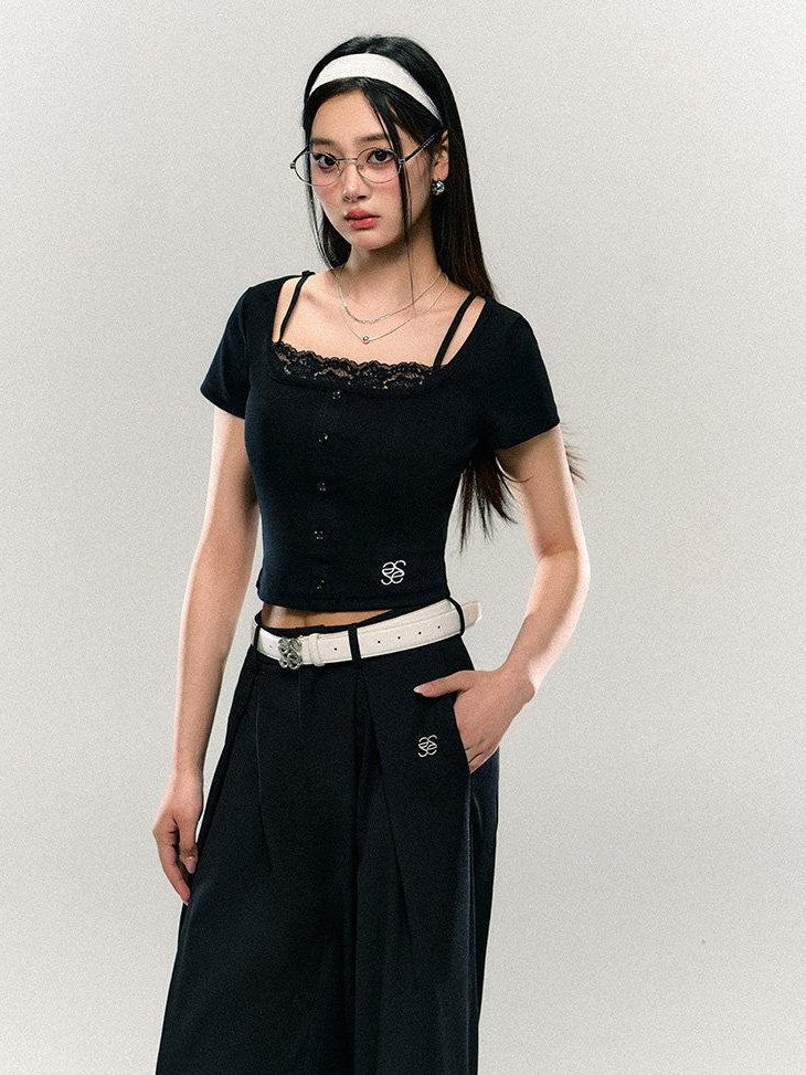 SereneEase Black Lace Splice U Neck Faux Two Piece Women's Viscose Blend Crop Tops