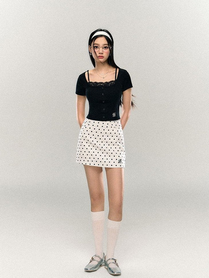 SereneEase Black Lace Splice U Neck Faux Two Piece Women's Viscose Blend Crop Tops