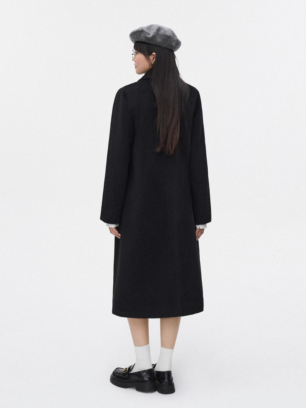 SereneEase Black Thick Loose Single Breasted Korean Woollike Women's Polyester Long Coats