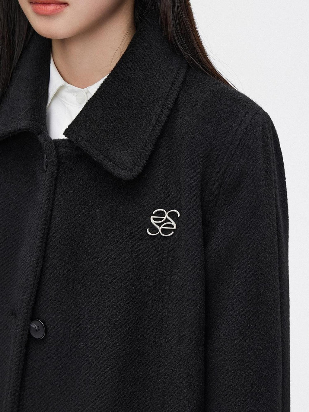 SereneEase Black Thick Loose Single Breasted Korean Woollike Women's Polyester Long Coats
