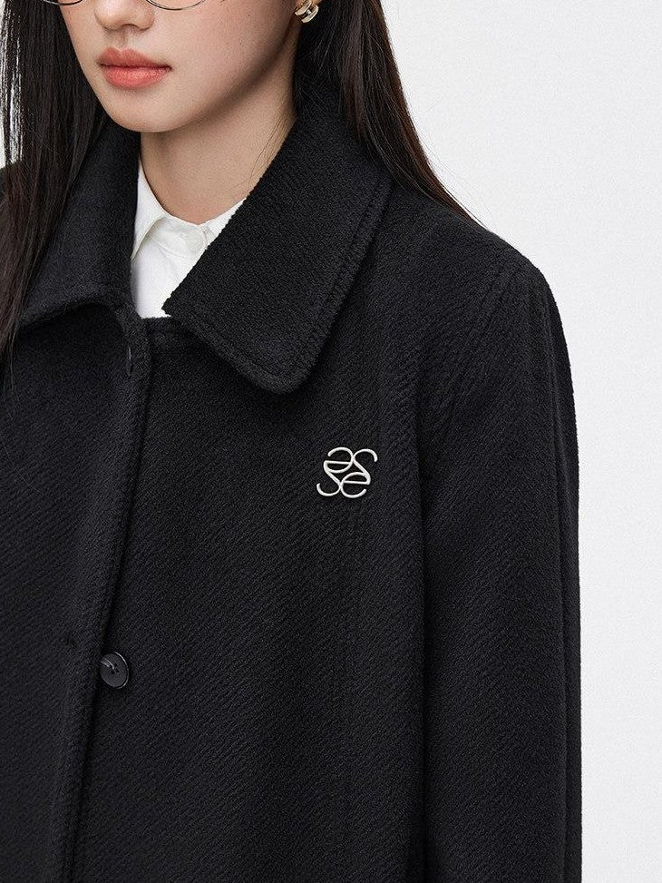 SereneEase Black Thick Loose Single Breasted Korean Woollike Women's Polyester Long Coats