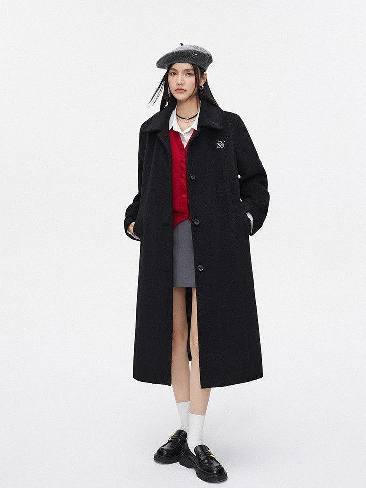 SereneEase Black Thick Loose Single Breasted Korean Woollike Women's Polyester Long Coats