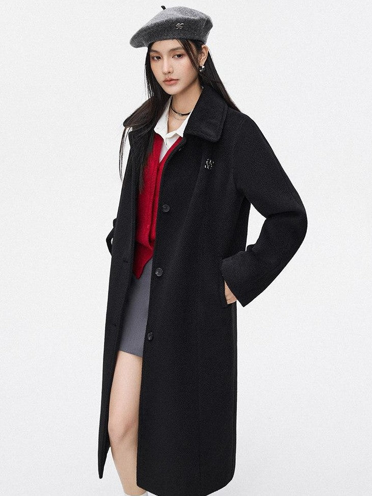 SereneEase Black Thick Loose Single Breasted Korean Woollike Women's Polyester Long Coats