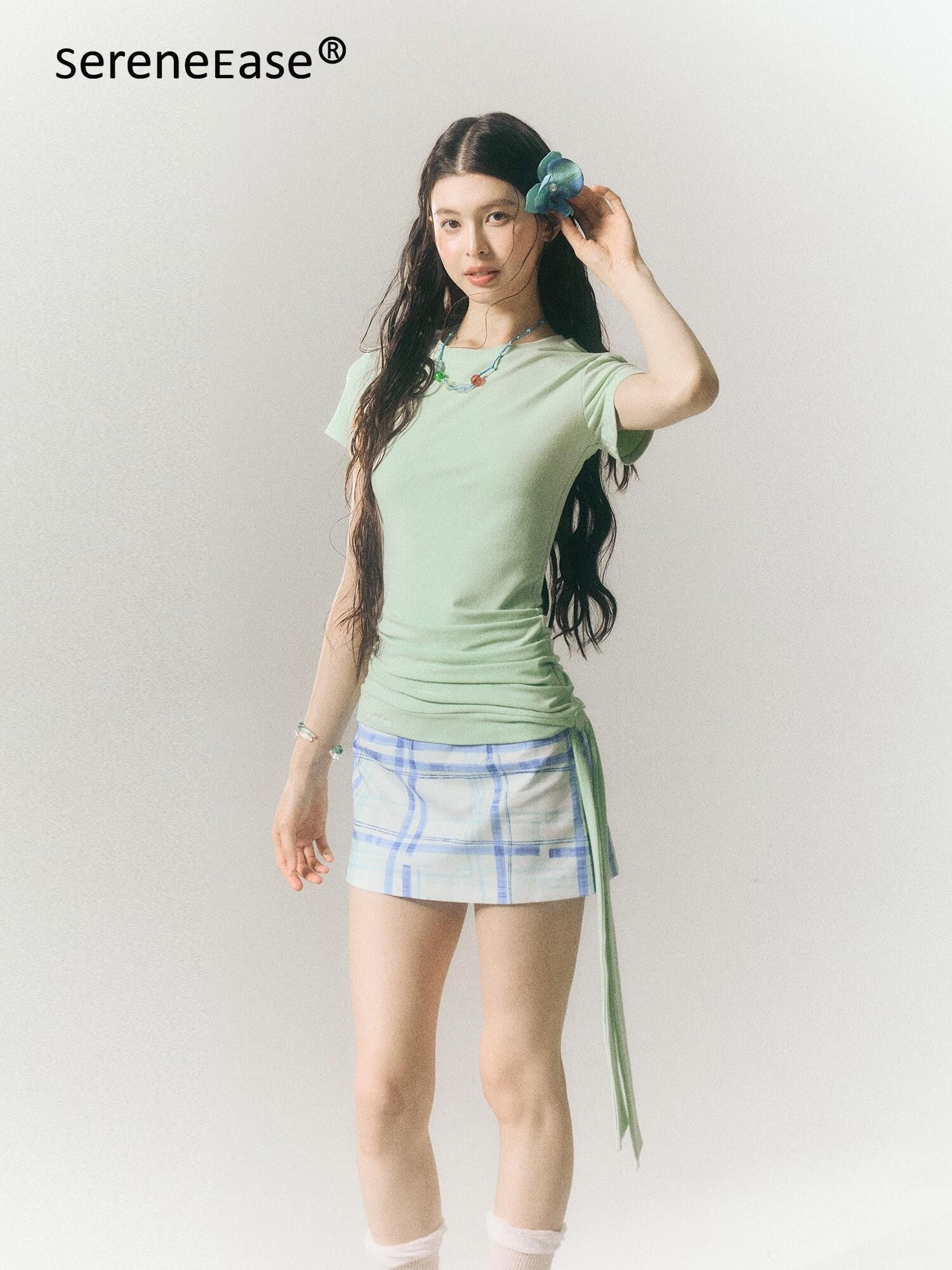 SereneEase Blue Plaid A Line High Waist Slimming Women's Cotton Mini Skirts