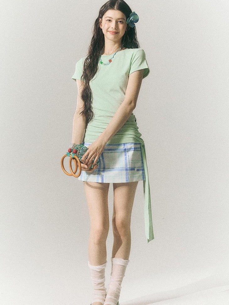 SereneEase Blue Plaid A Line High Waist Slimming Women's Cotton Mini Skirts