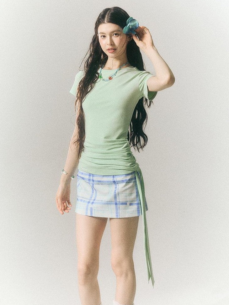 SereneEase Blue Plaid A Line High Waist Slimming Women's Cotton Mini Skirts