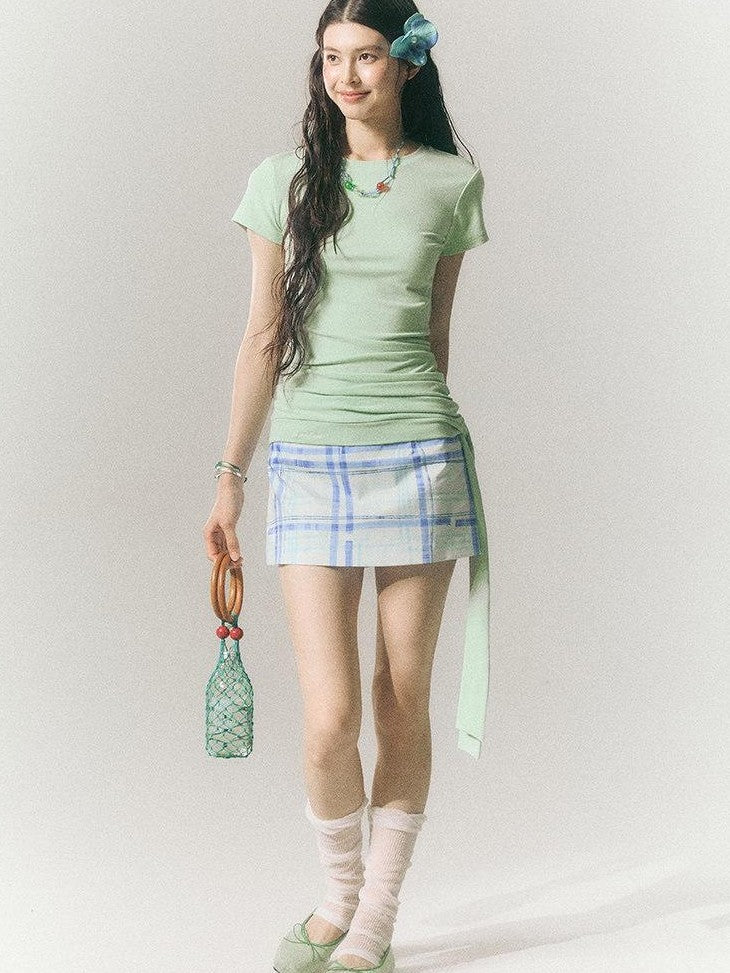SereneEase Blue Plaid A Line High Waist Slimming Women's Cotton Mini Skirts