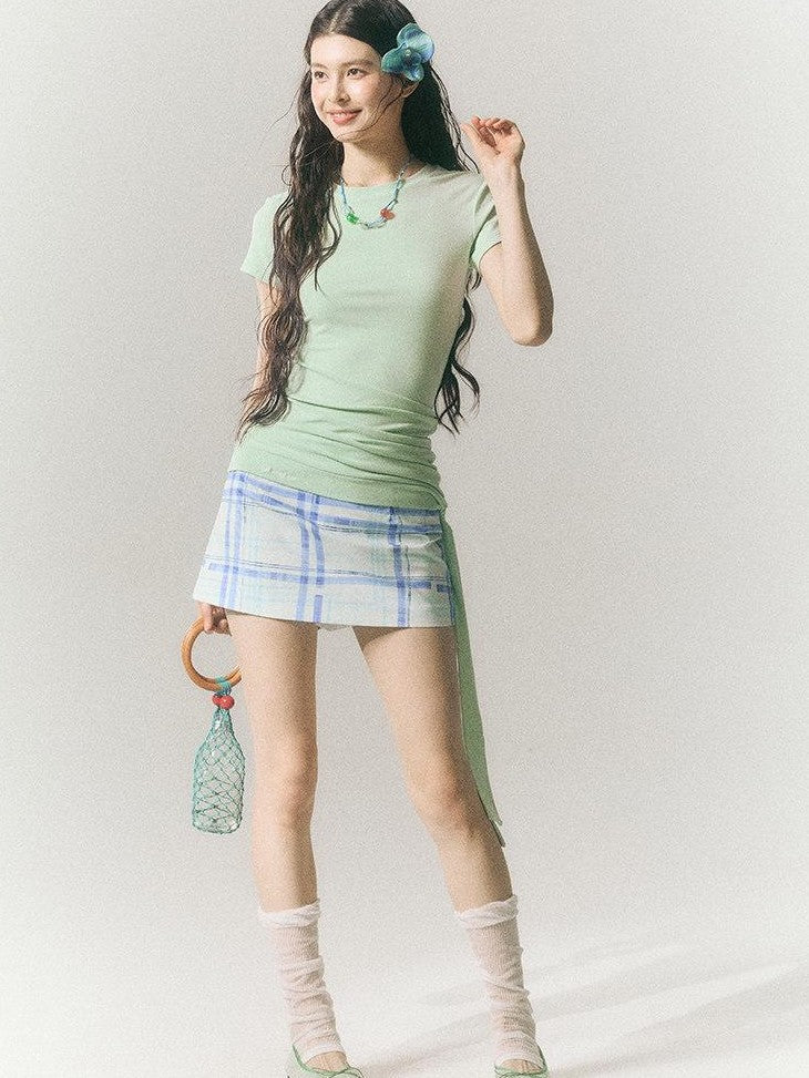 SereneEase Blue Plaid A Line High Waist Slimming Women's Cotton Mini Skirts