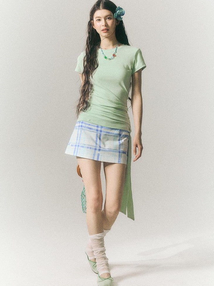 SereneEase Blue Plaid A Line High Waist Slimming Women's Cotton Mini Skirts