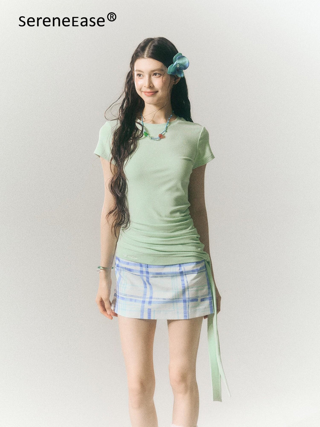SereneEase Blue Plaid A Line High Waist Slimming Women's Cotton Mini Skirts