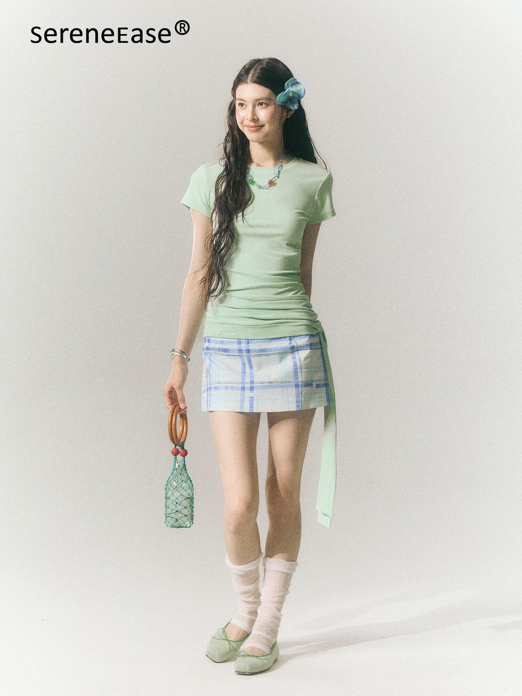 SereneEase Blue Plaid A Line High Waist Slimming Women's Cotton Mini Skirts