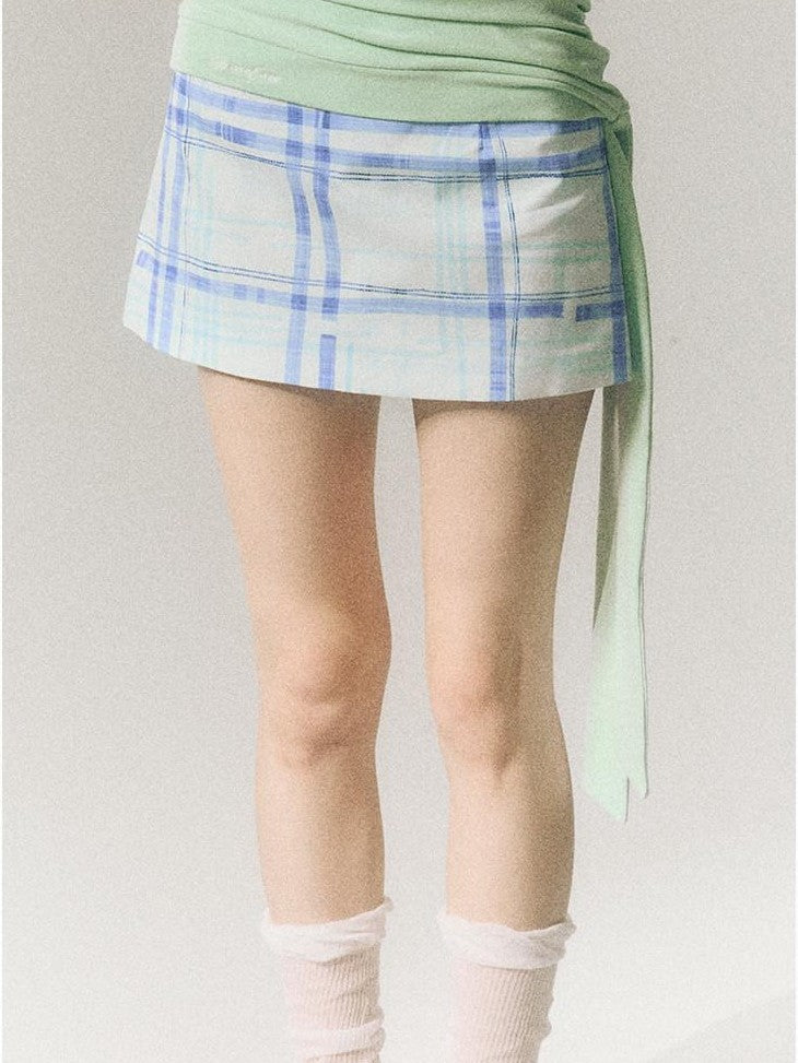 SereneEase Blue Plaid A Line High Waist Slimming Women's Cotton Mini Skirts