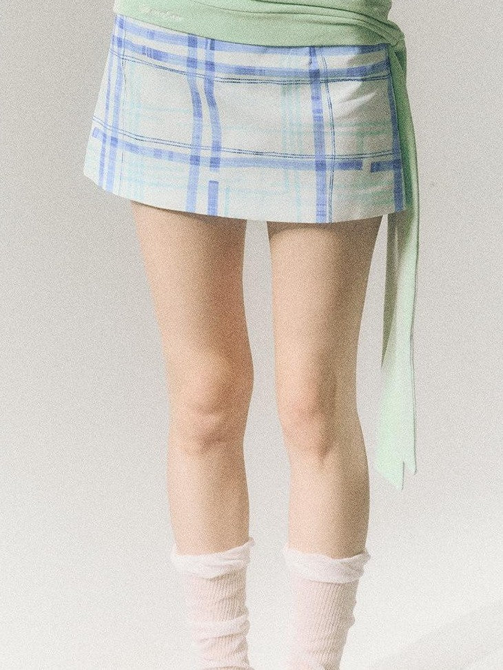 SereneEase Blue Plaid A Line High Waist Slimming Women's Cotton Mini Skirts