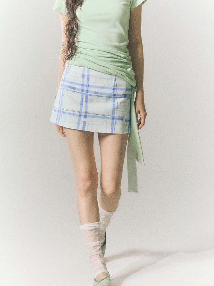 SereneEase Blue Plaid A Line High Waist Slimming Women's Cotton Mini Skirts