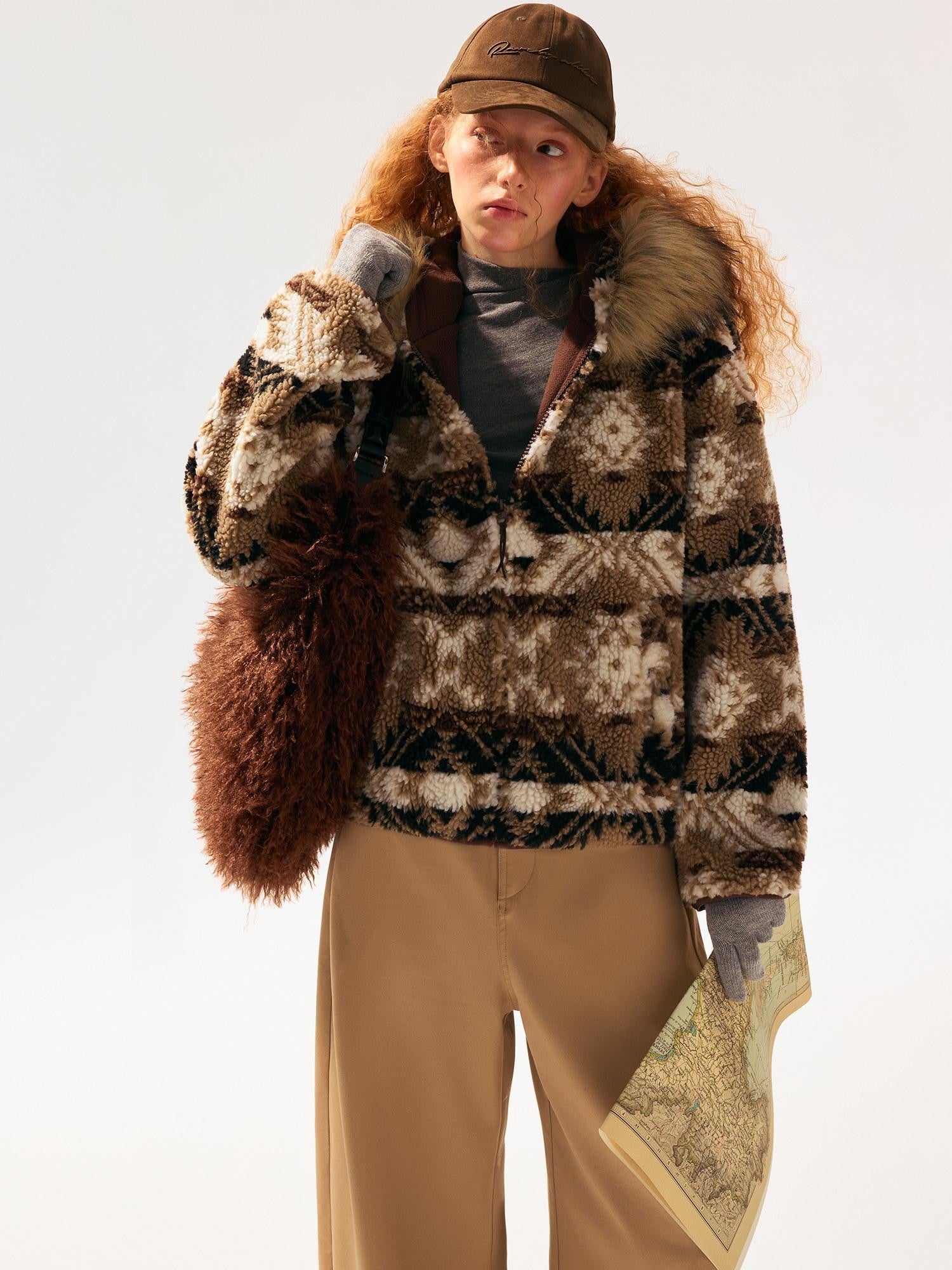 SereneEase Brown Jacquard Sherpa Collar Hooded Women's Polyester Puffer Jackets