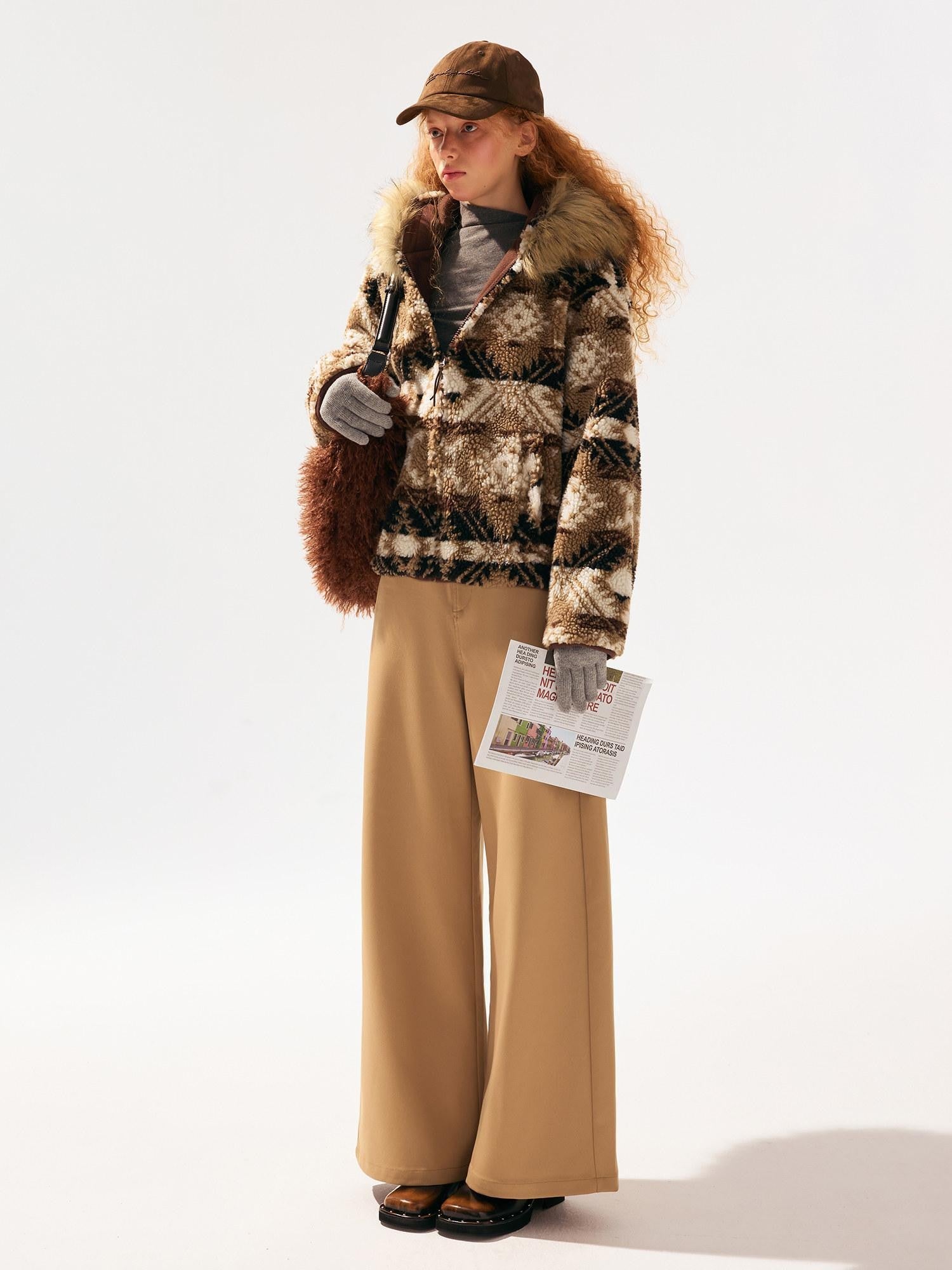 SereneEase Brown Jacquard Sherpa Collar Hooded Women's Polyester Puffer Jackets