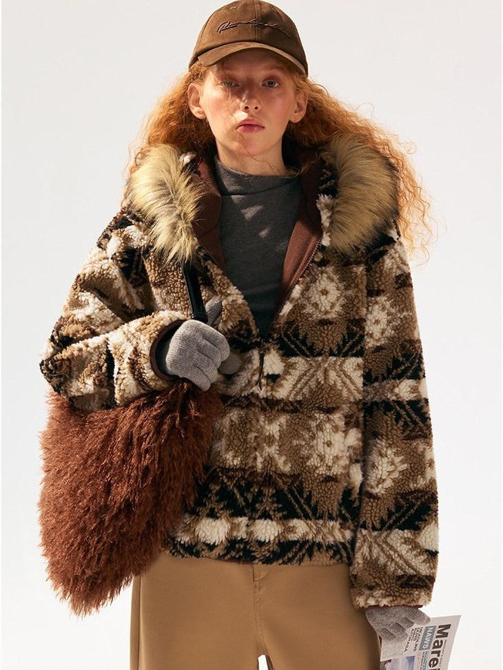 SereneEase Brown Jacquard Sherpa Collar Hooded Women's Polyester Puffer Jackets