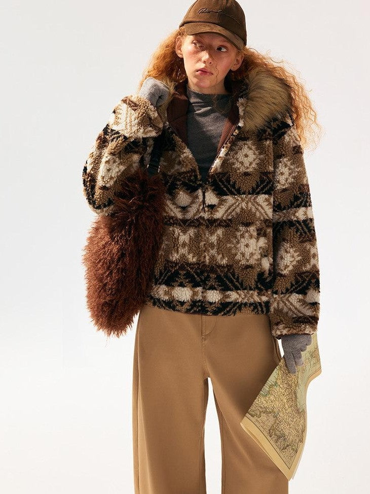 SereneEase Brown Jacquard Sherpa Collar Hooded Women's Polyester Puffer Jackets