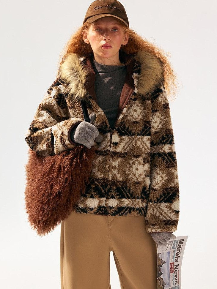 SereneEase Brown Jacquard Sherpa Collar Hooded Women's Polyester Puffer Jackets