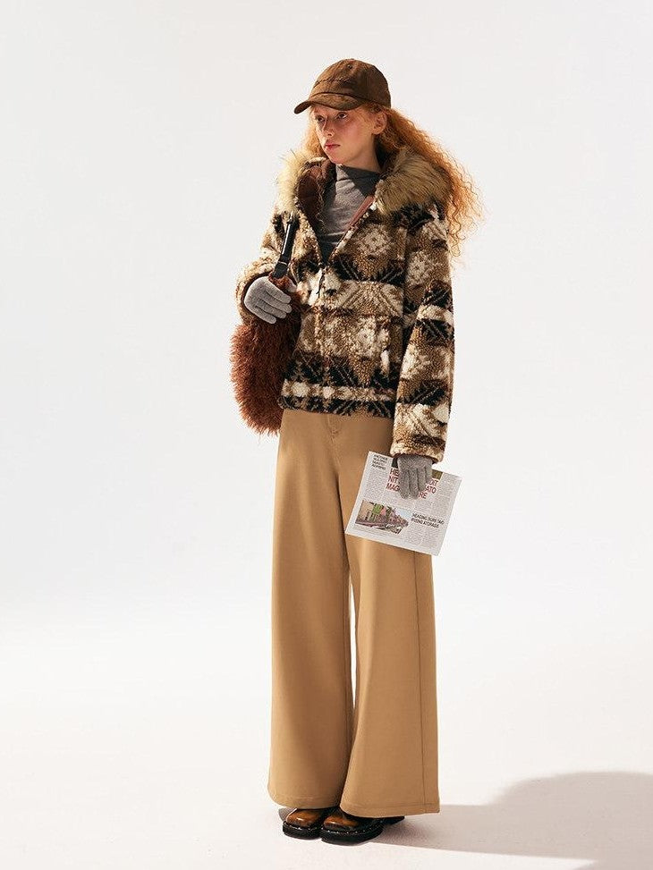 SereneEase Brown Jacquard Sherpa Collar Hooded Women's Polyester Puffer Jackets