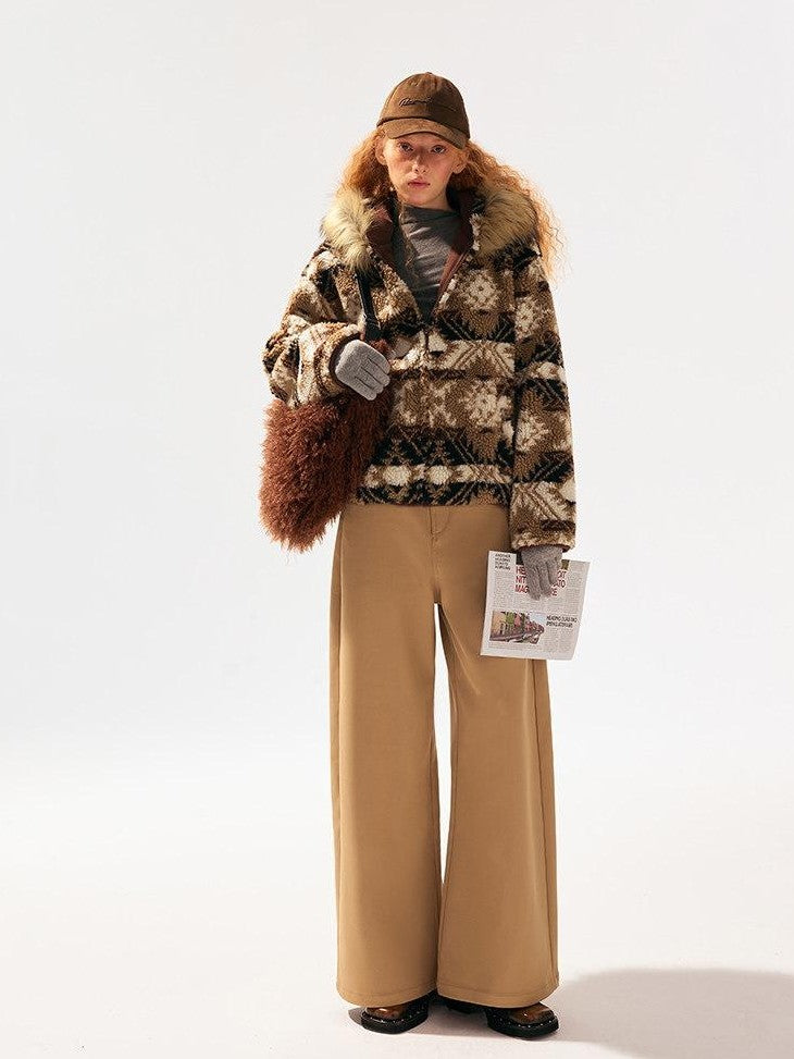SereneEase Brown Jacquard Sherpa Collar Hooded Women's Polyester Puffer Jackets