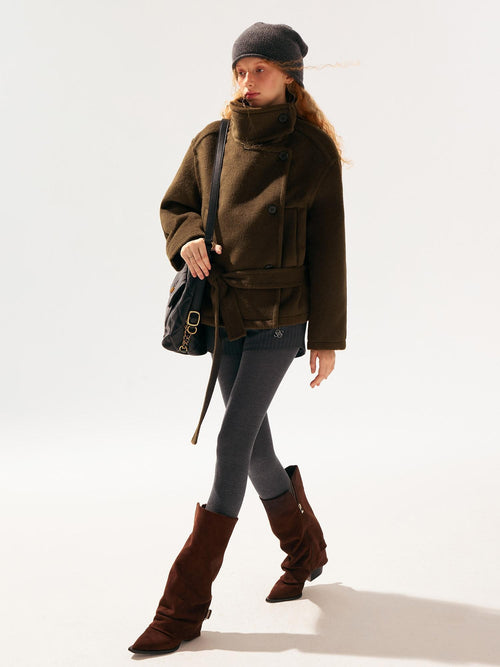 SereneEase Brown Stand Collar Single Breasted Women's Polyester Wool Short Coats
