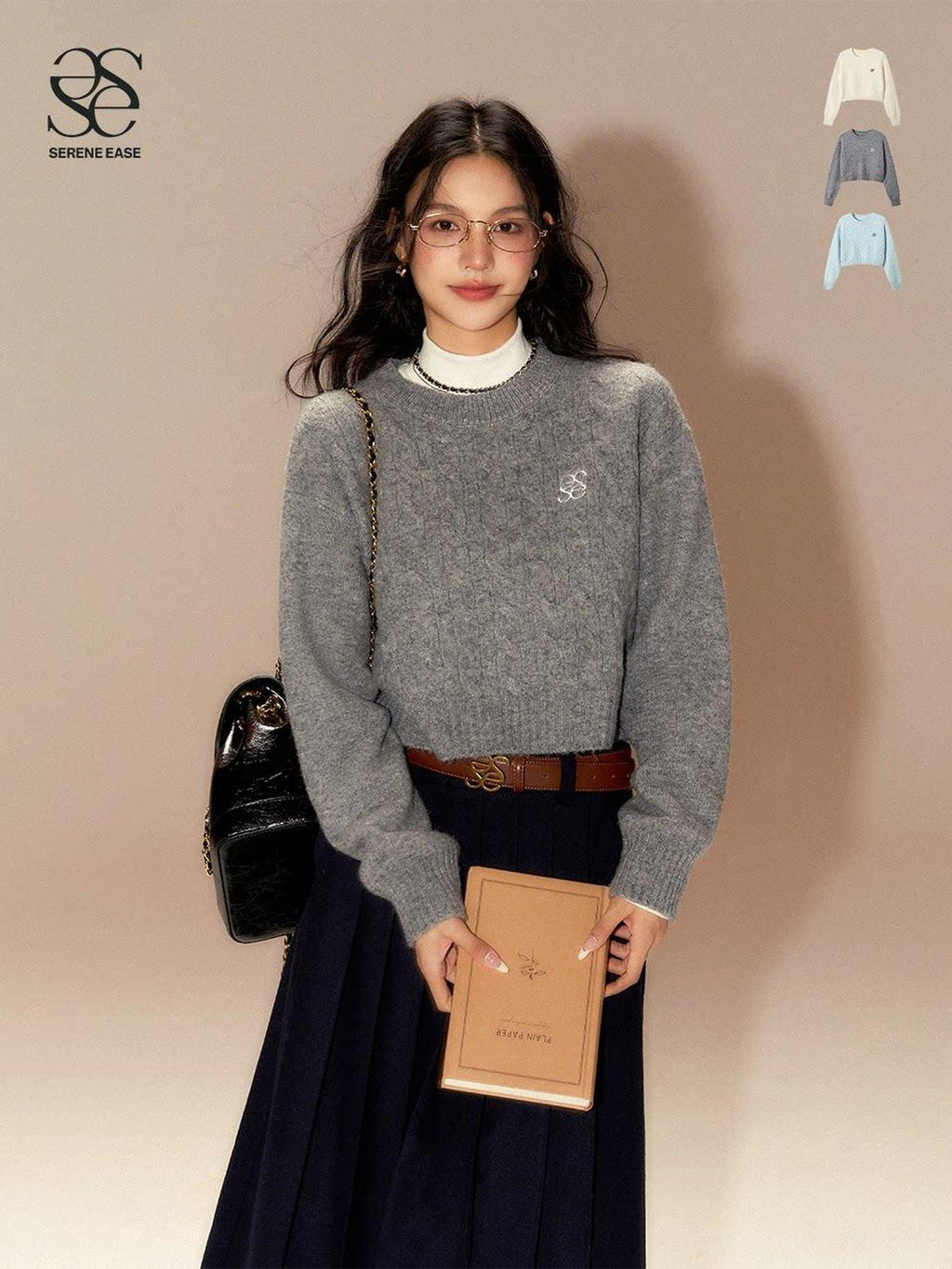 SereneEase Cable Knit Ribbed Low Round Neck Collegiate Women's Wool Blend Pullover Sweaters