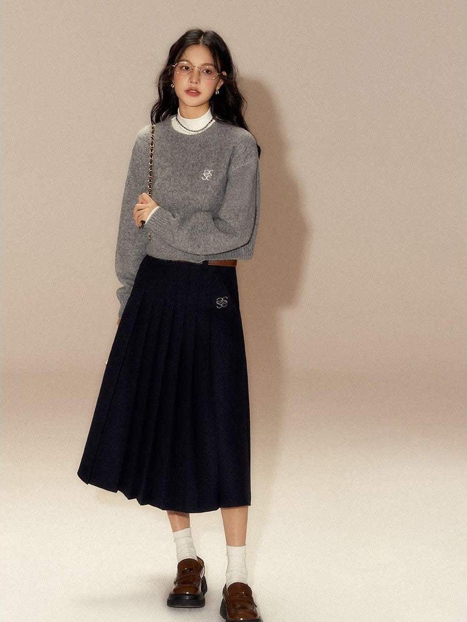 SereneEase Cable Knit Ribbed Low Round Neck Collegiate Women's Wool Blend Pullover Sweaters