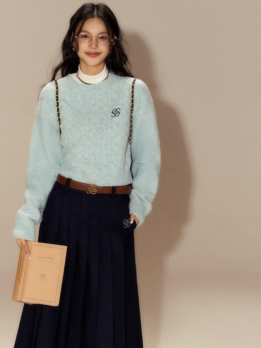 SereneEase Cable Knit Ribbed Low Round Neck Collegiate Women's Wool Blend Pullover Sweaters