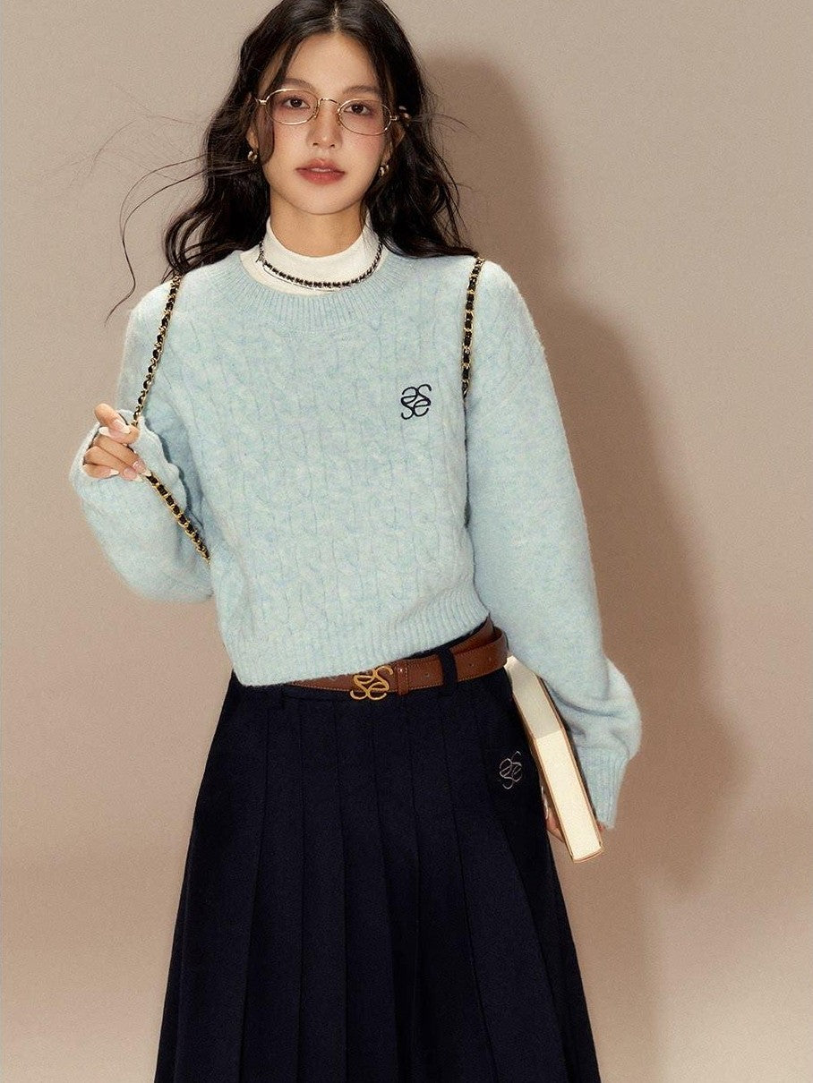 SereneEase Cable Knit Ribbed Low Round Neck Collegiate Women's Wool Blend Pullover Sweaters