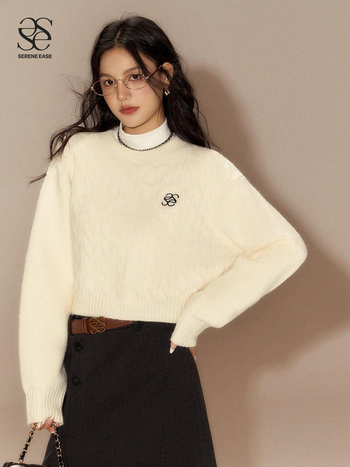 SereneEase Cable Knit Ribbed Low Round Neck Collegiate Women's Wool Blend Pullover Sweaters