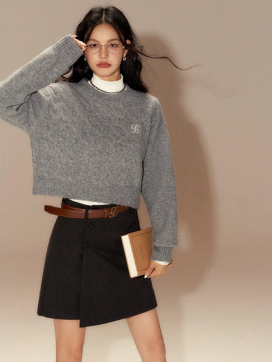 SereneEase Cable Knit Ribbed Low Round Neck Collegiate Women's Wool Blend Pullover Sweaters