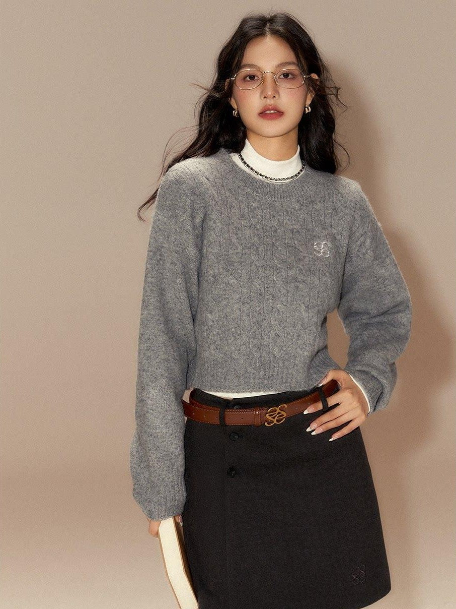 SereneEase Cable Knit Ribbed Low Round Neck Collegiate Women's Wool Blend Pullover Sweaters