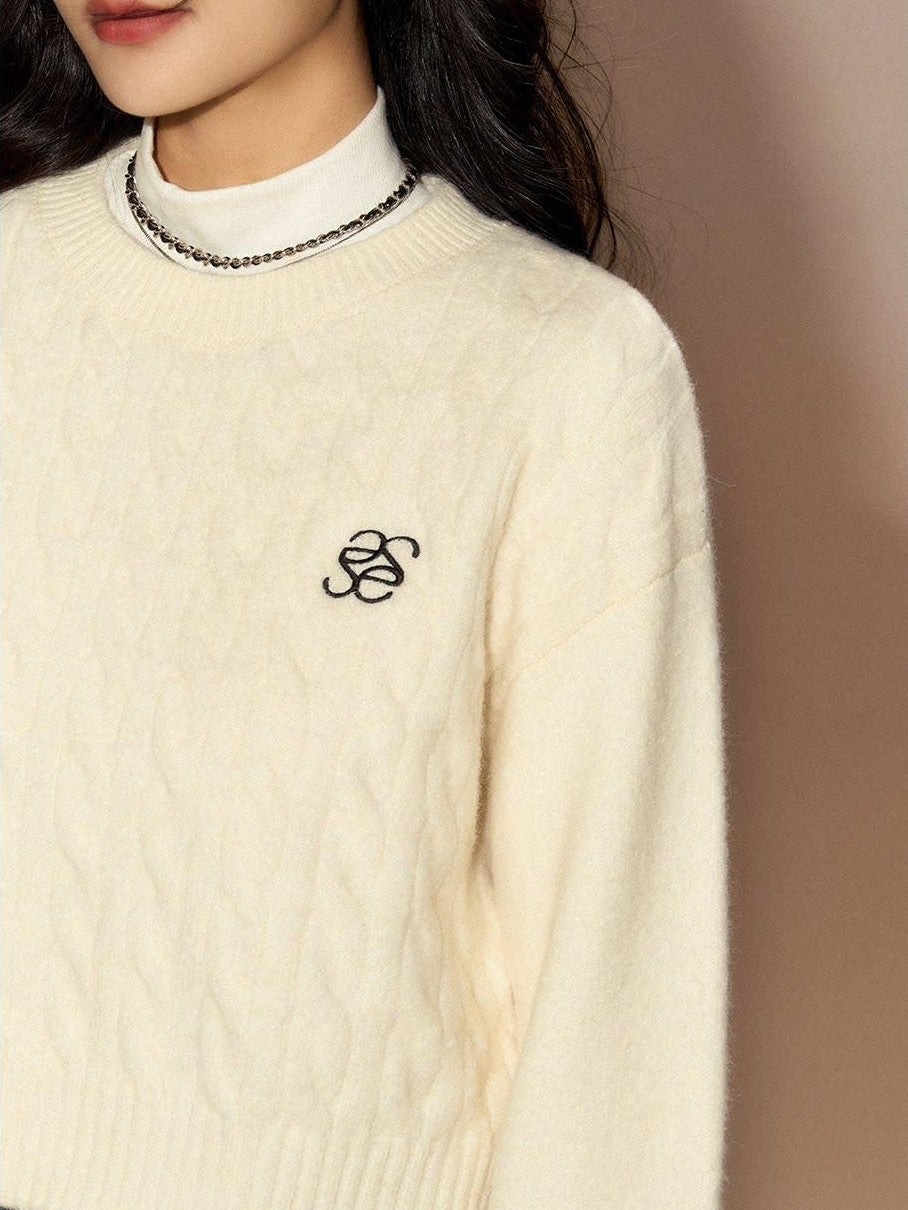 SereneEase Cable Knit Ribbed Low Round Neck Collegiate Women's Wool Blend Pullover Sweaters