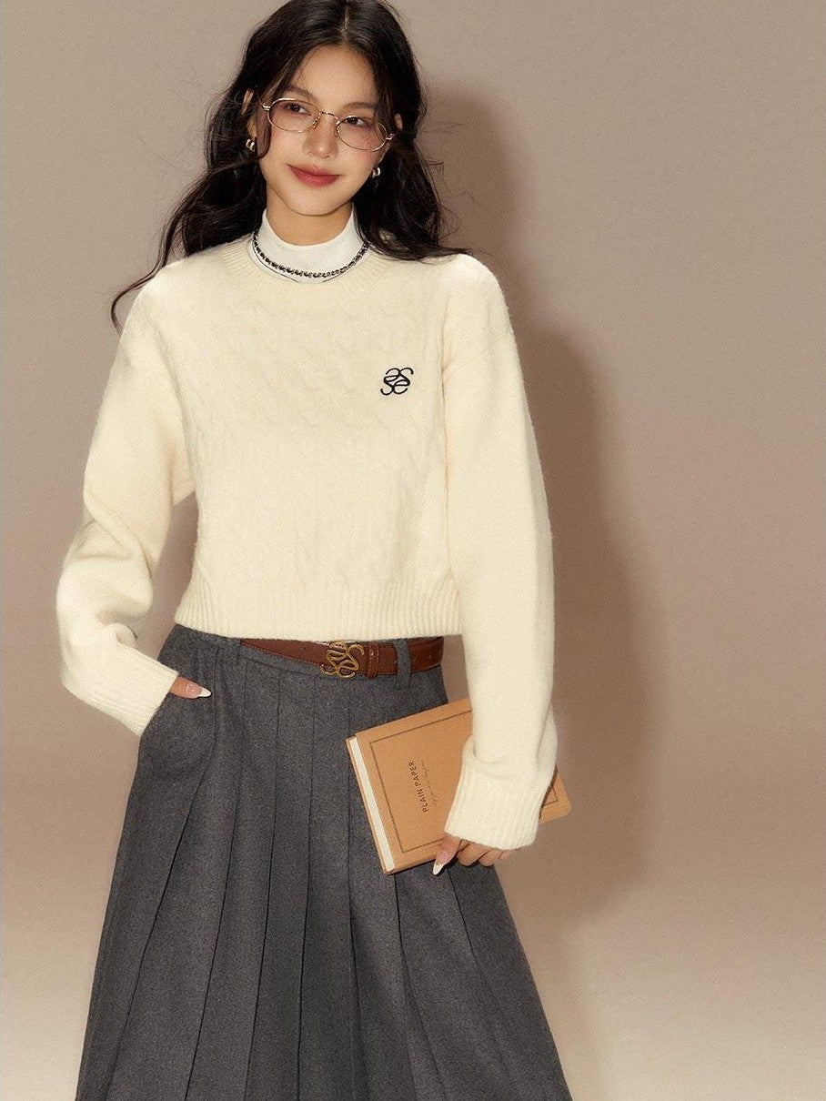 SereneEase Cable Knit Ribbed Low Round Neck Collegiate Women's Wool Blend Pullover Sweaters