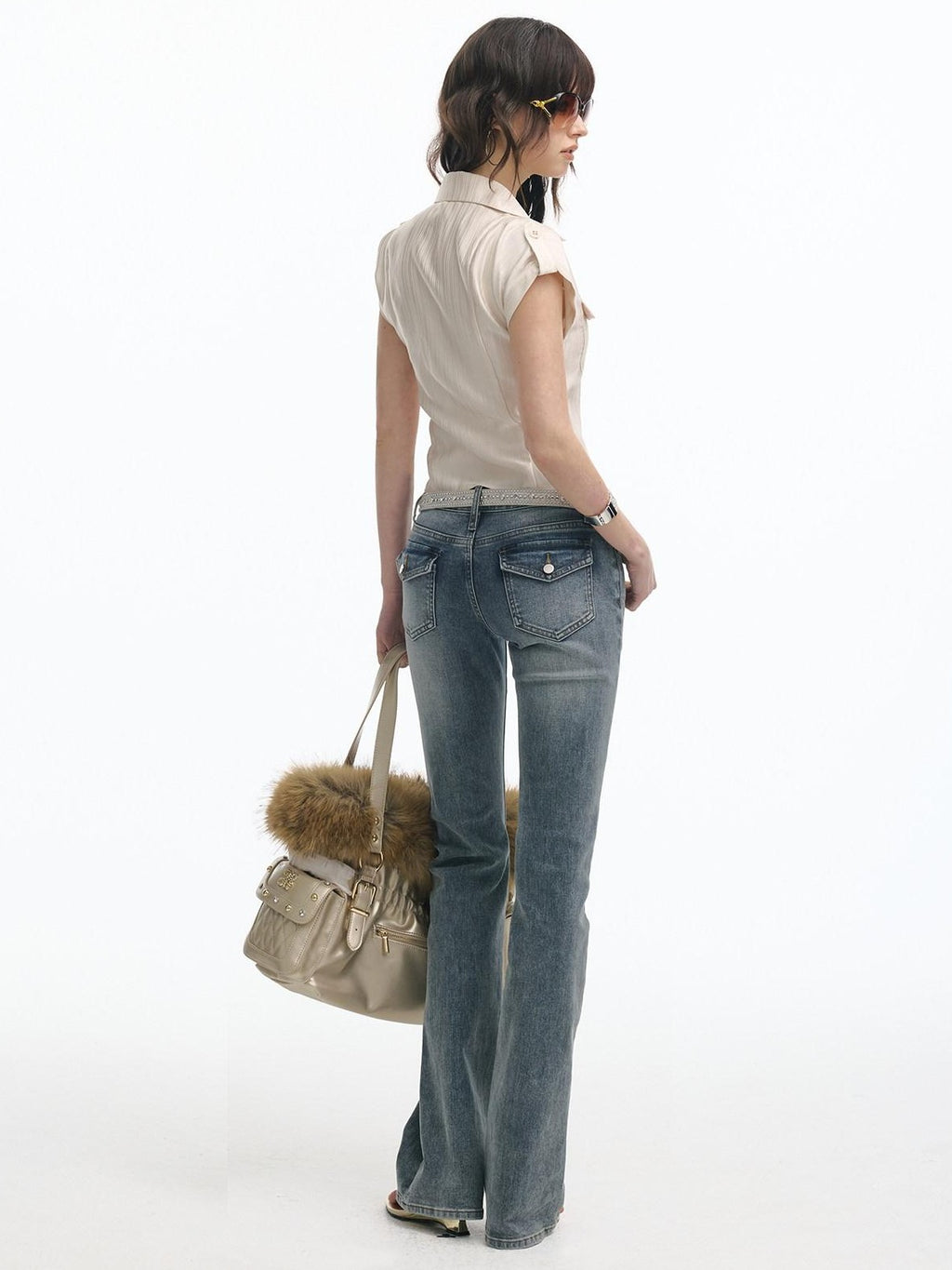 SereneEase Champagne Satin Textured Stripe Waist Cinch Patch Pockets Women's Crop Tops