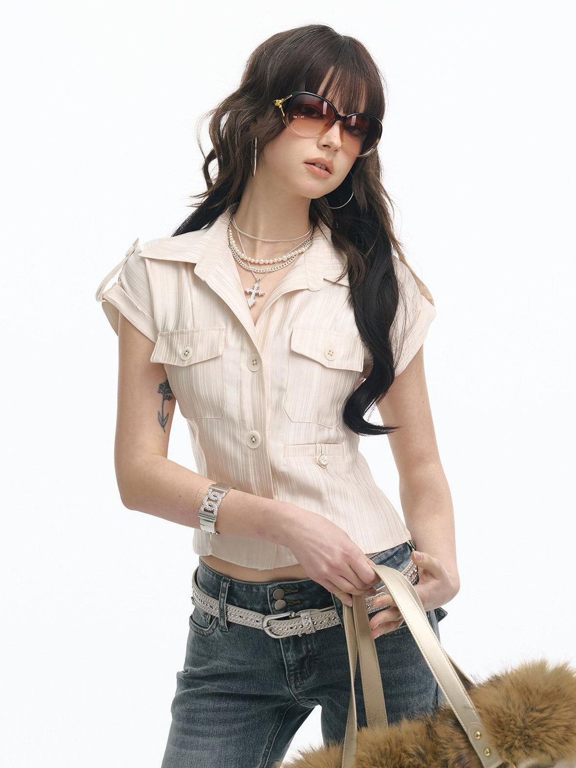 SereneEase Champagne Satin Textured Stripe Waist Cinch Patch Pockets Women's Crop Tops