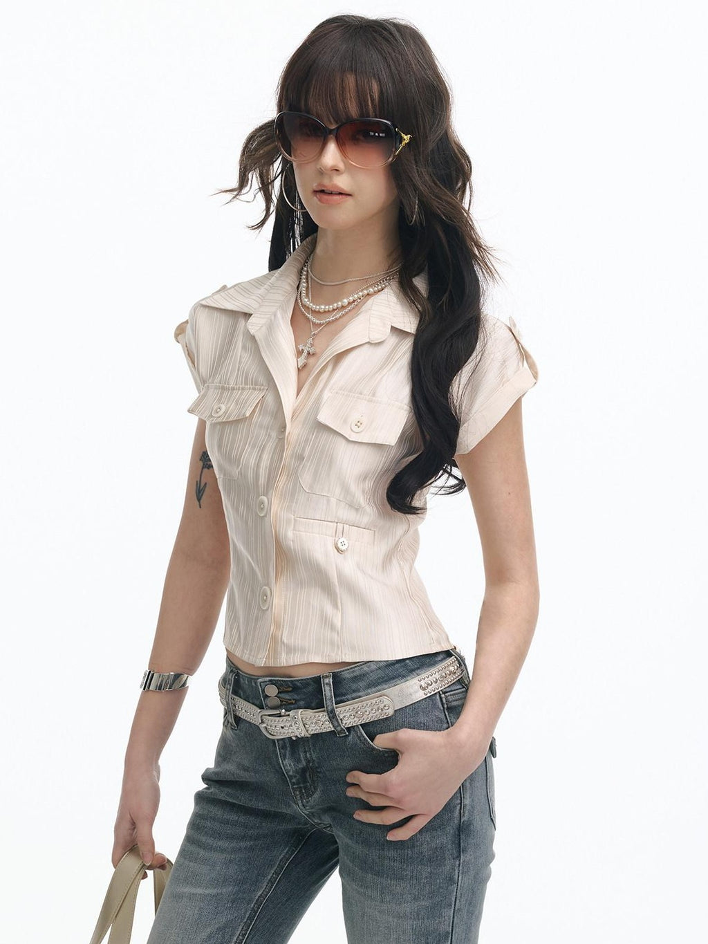 SereneEase Champagne Satin Textured Stripe Waist Cinch Patch Pockets Women's Crop Tops