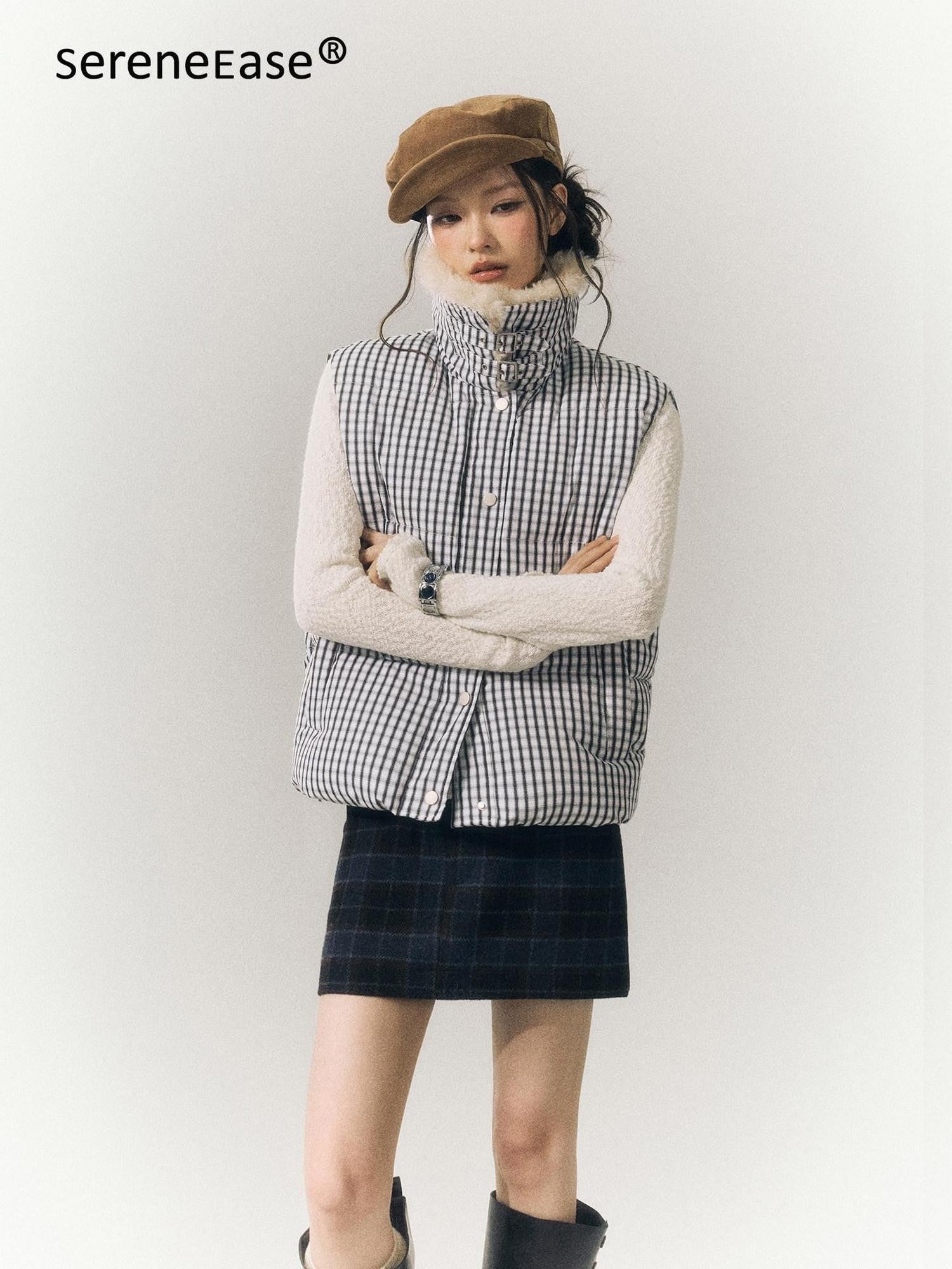 SereneEase Cropped Plaid Stand Collar Vest Women's Polyester Puffer Jackets