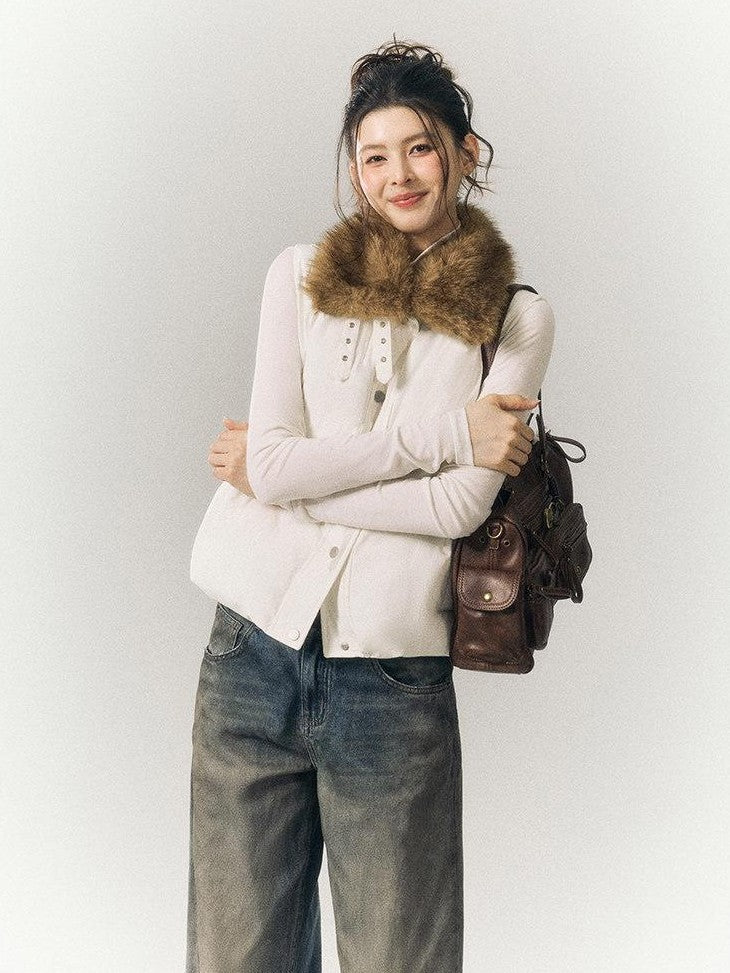 SereneEase Cropped Plaid Stand Collar Vest Women's Polyester Puffer Jackets